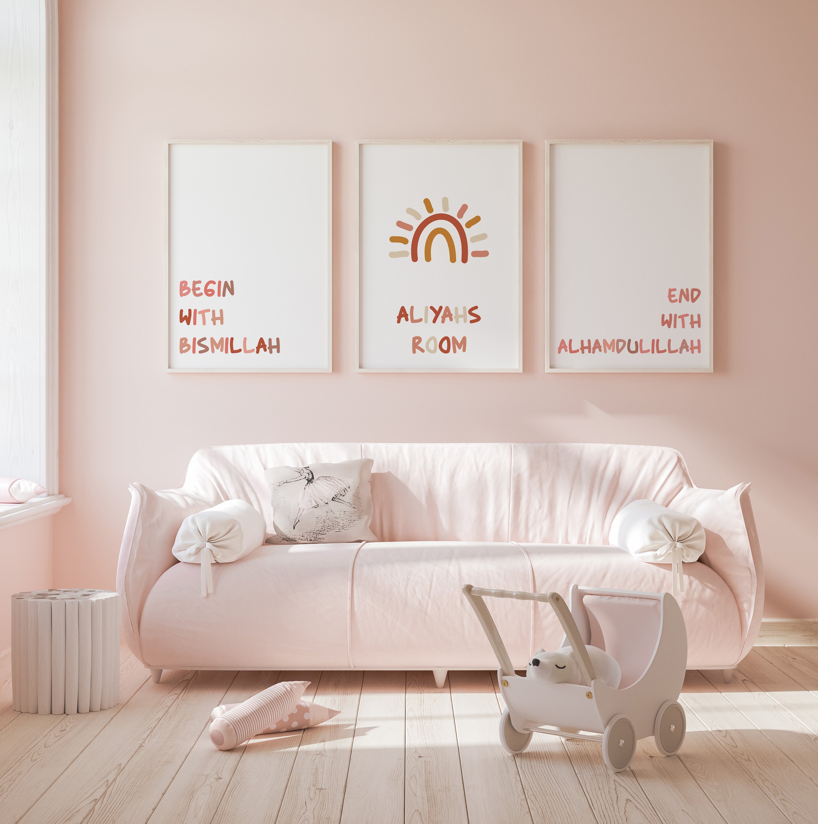 Set of 3 Bismillah & Alhamdulillah Kids Pink Wall Art - Peaceful Arts UK