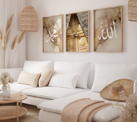 Set of 3 Gold Kaabah Poster Islamic Wall Art - Peaceful Arts UK