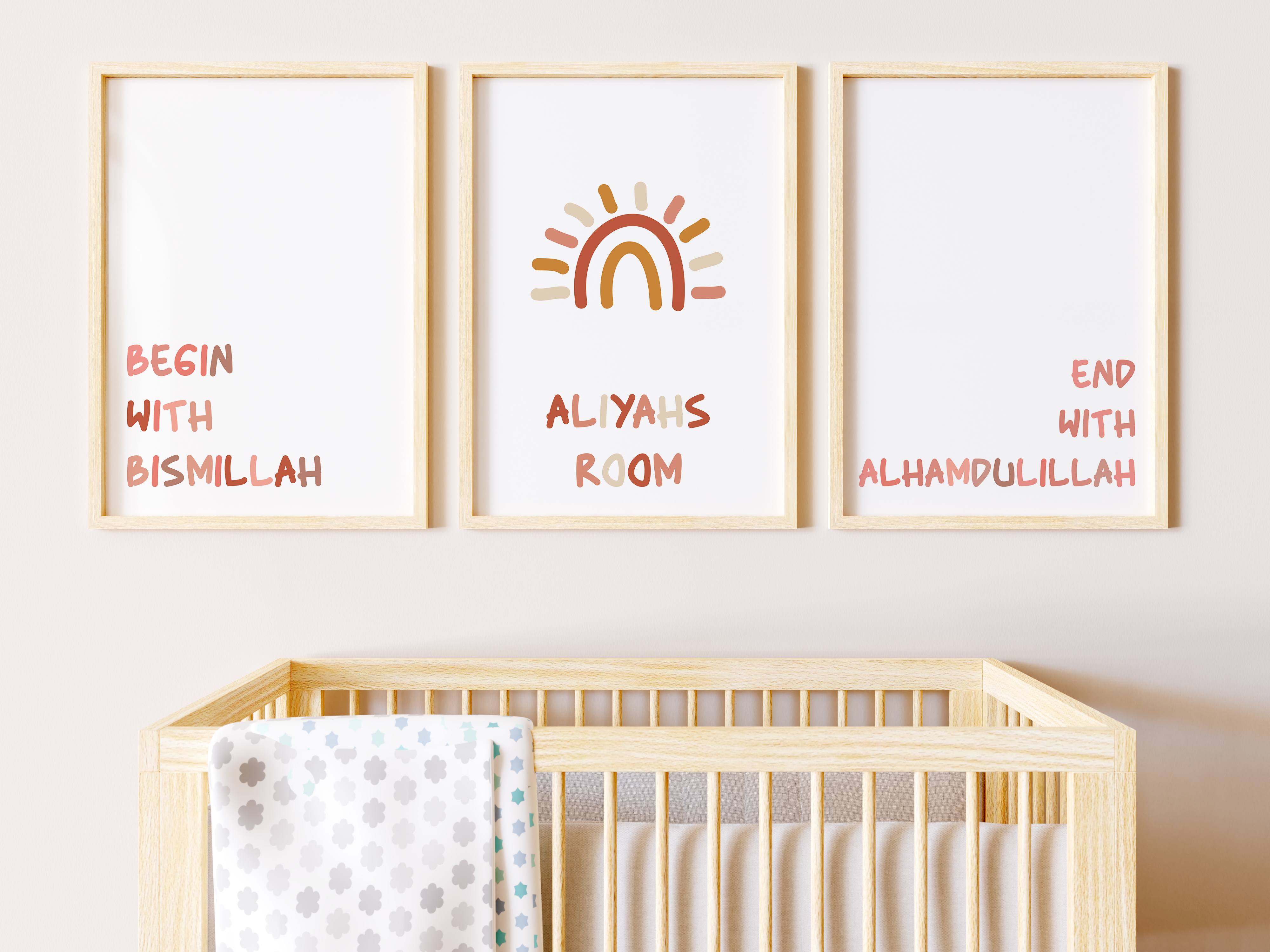 Set of 3 Bismillah & Alhamdulillah Kids Pink Wall Art - Peaceful Arts UK