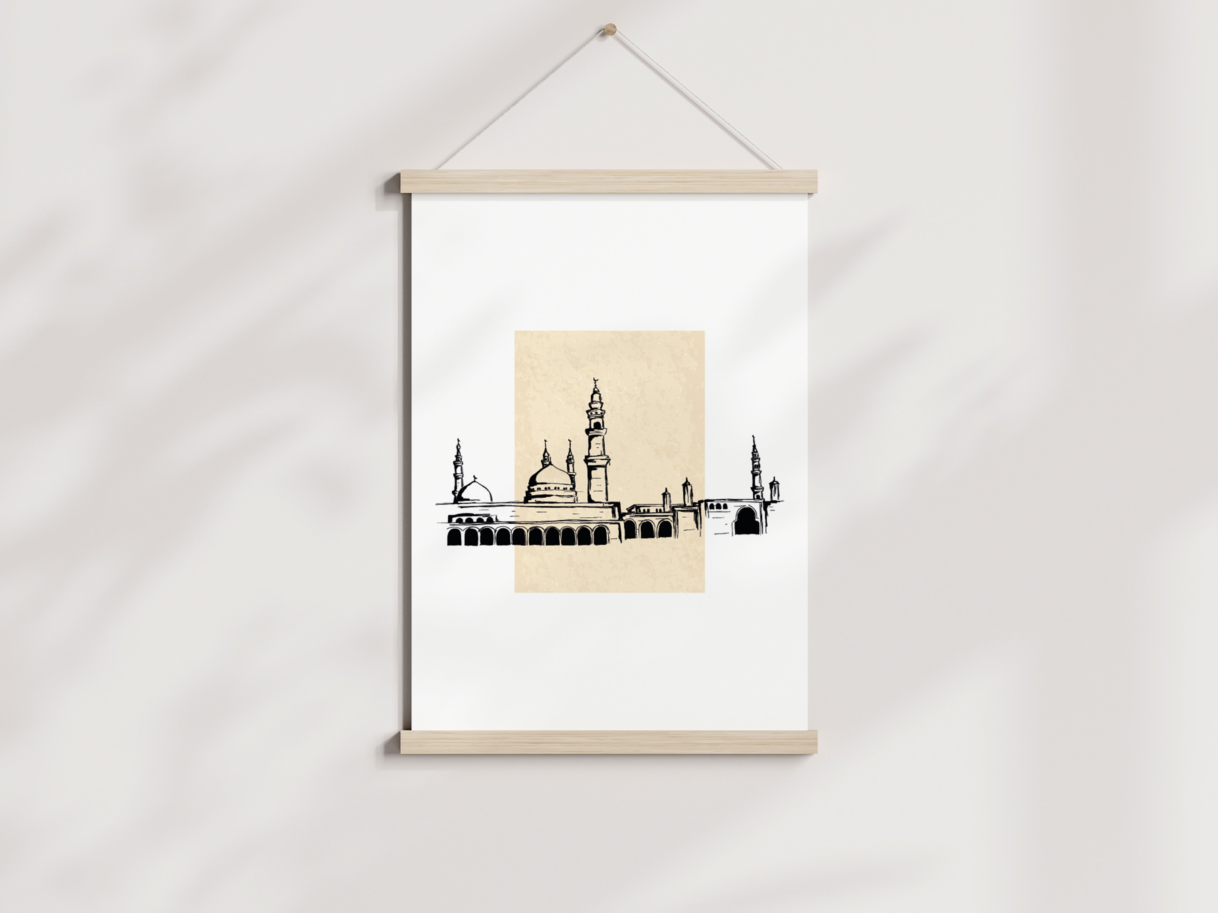 Simplistic Beige Mosque Sketch Islamic Art Poster Hanger - Peaceful Arts UK