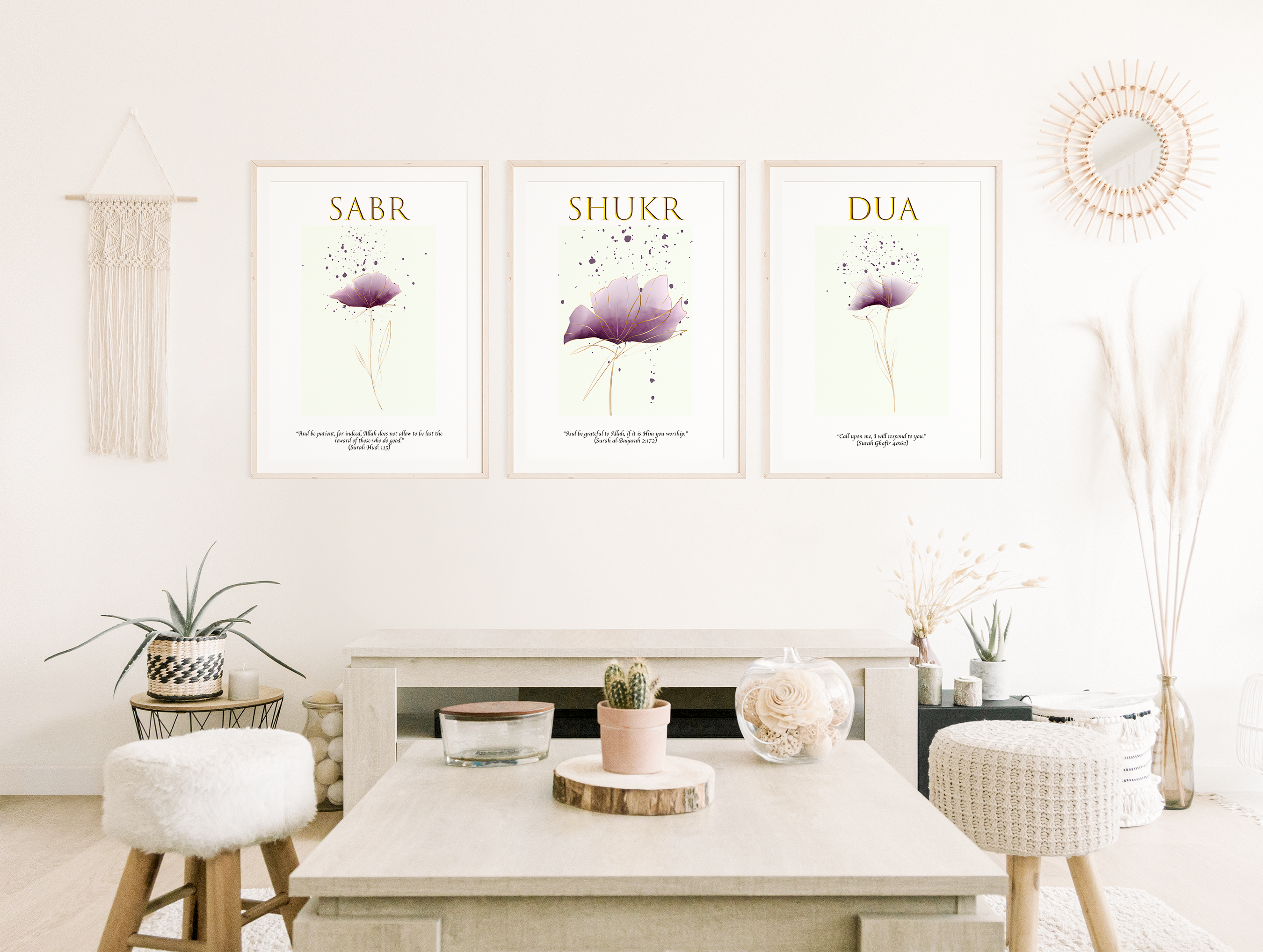Set of 3 Sabr, Shukr, Dua Calligraphy wall art print