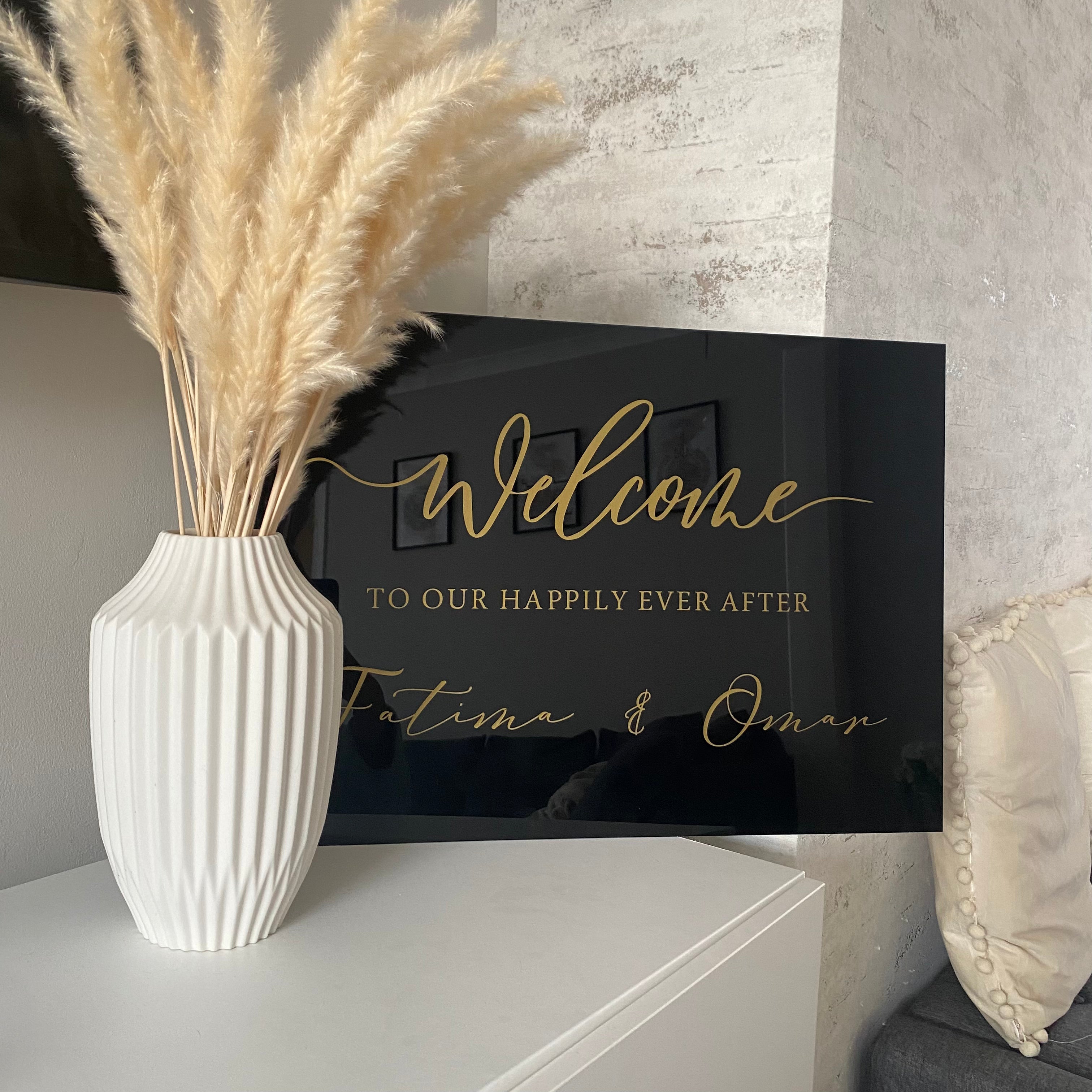 Large Welcome Sign - Personalised Acrylic Wedding Sign Black Acrylic & Gold Text Weddings /Nikkah/ Events - Peaceful Arts