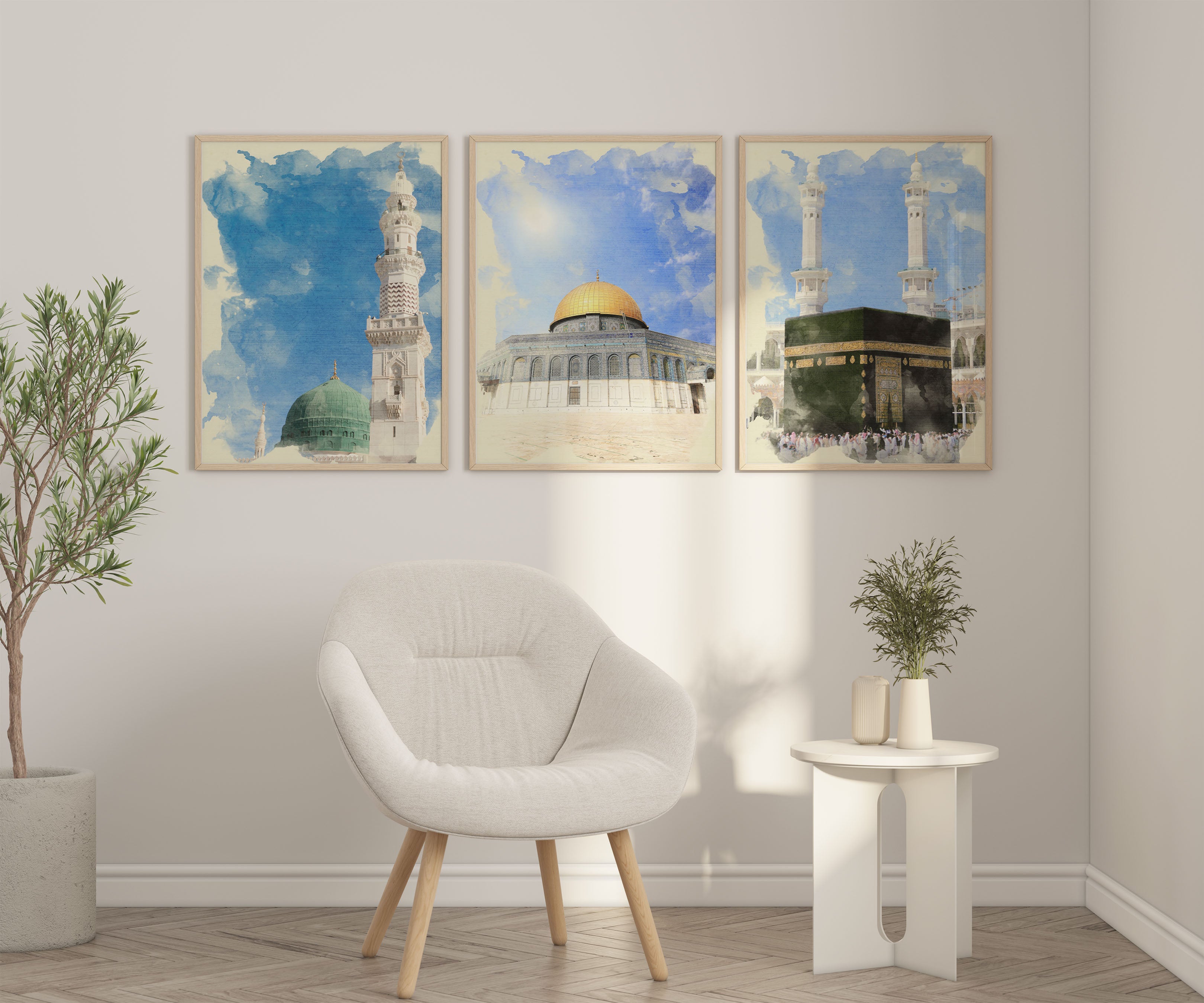 Set of 3 Masjid Nabawi, Masjid Al Aqsa, and the Kaaba Vintage Watercolor Effect Islamic Wall Art Prints - Peaceful Arts ltd
