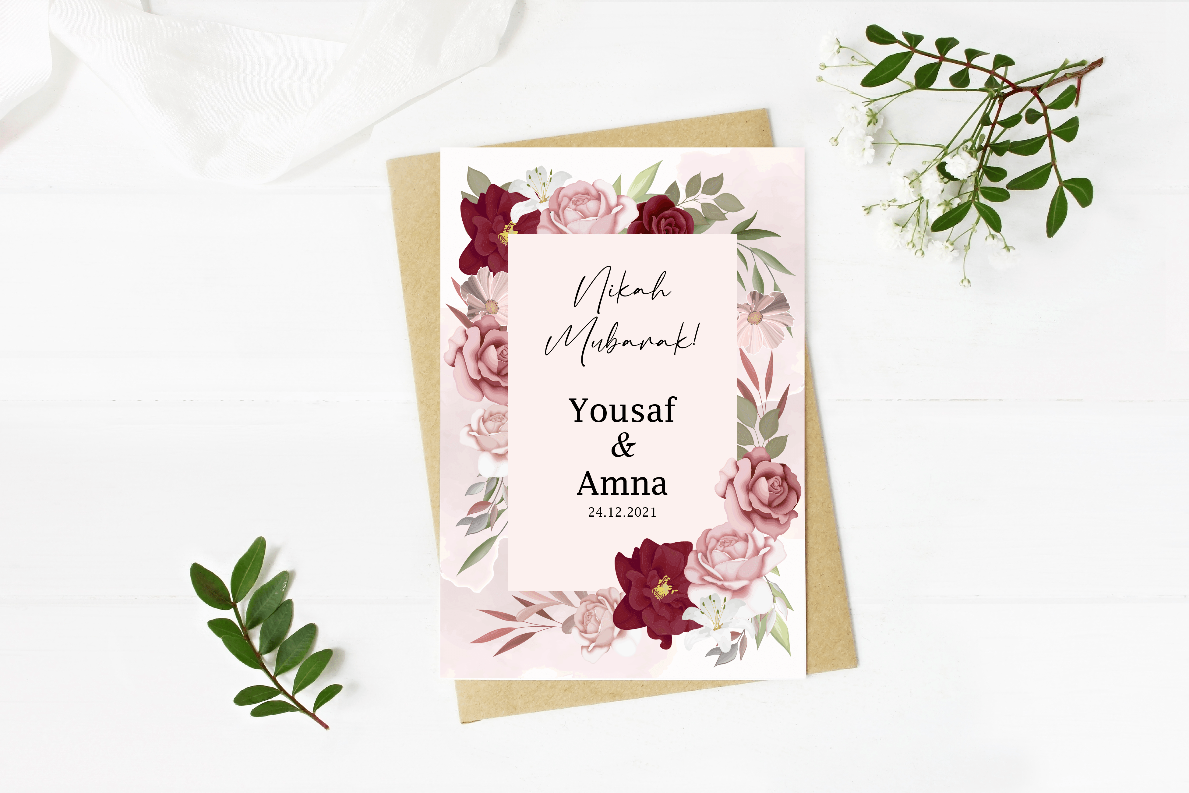 Nikah Mubarak Floral Design with Personalised Names on front in A5 card - Peaceful Arts