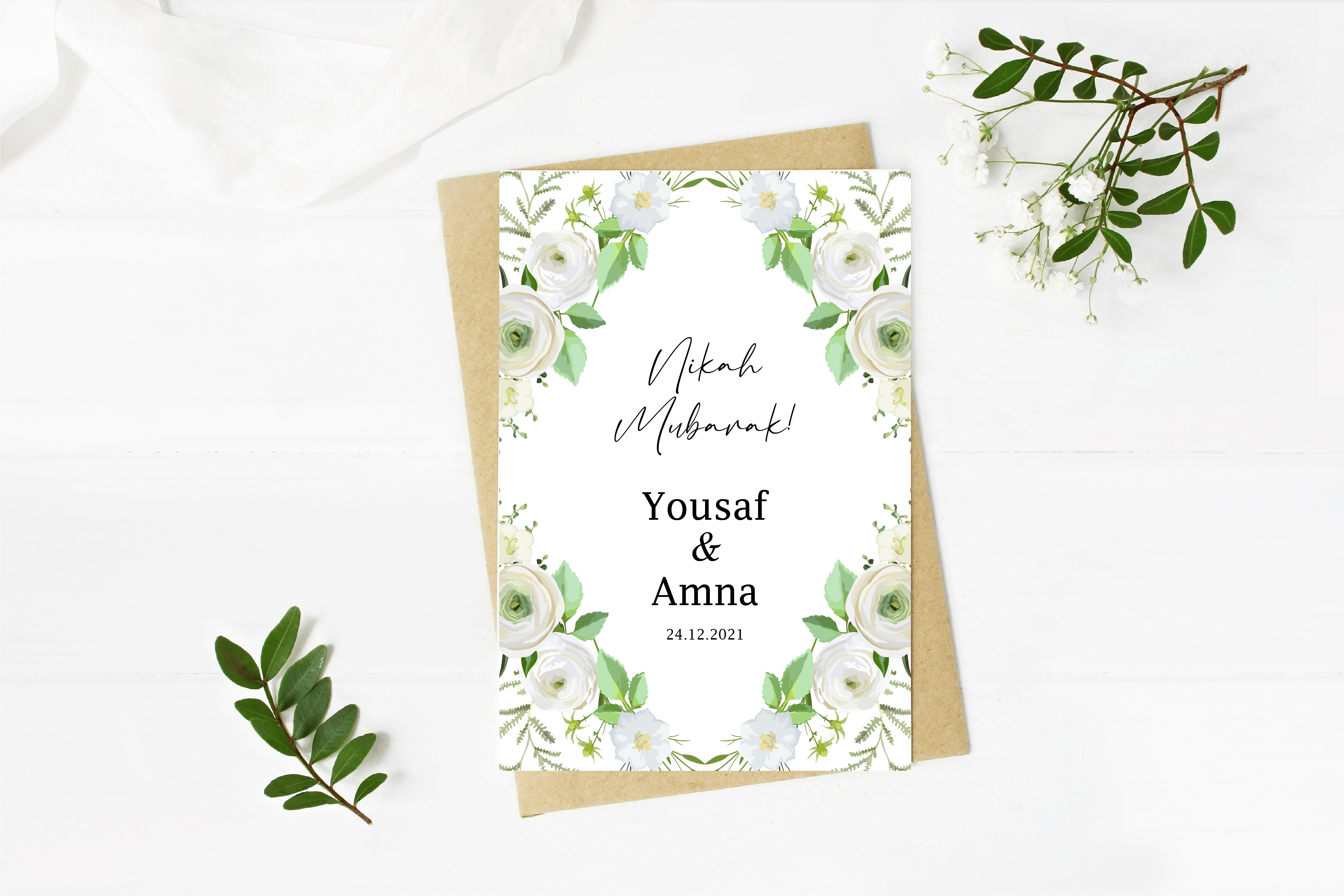 Nikah Mubarak Floral Design with Personalised Names on front in A5 card - Peaceful Arts