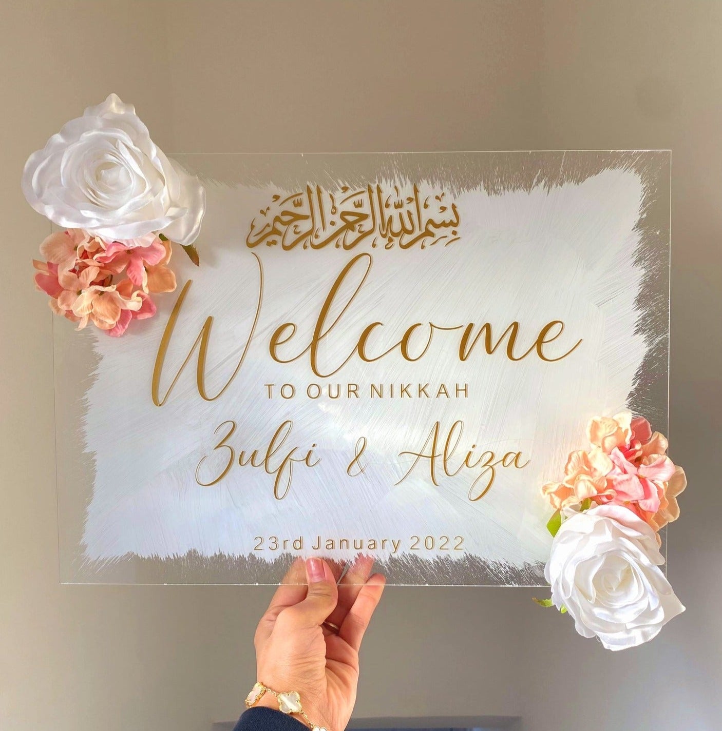 Large Welcome Sign - Personalised Acrylic Wedding Sign with White Brush Stroke Background & Gold Text Weddings /Nikkah/ Event