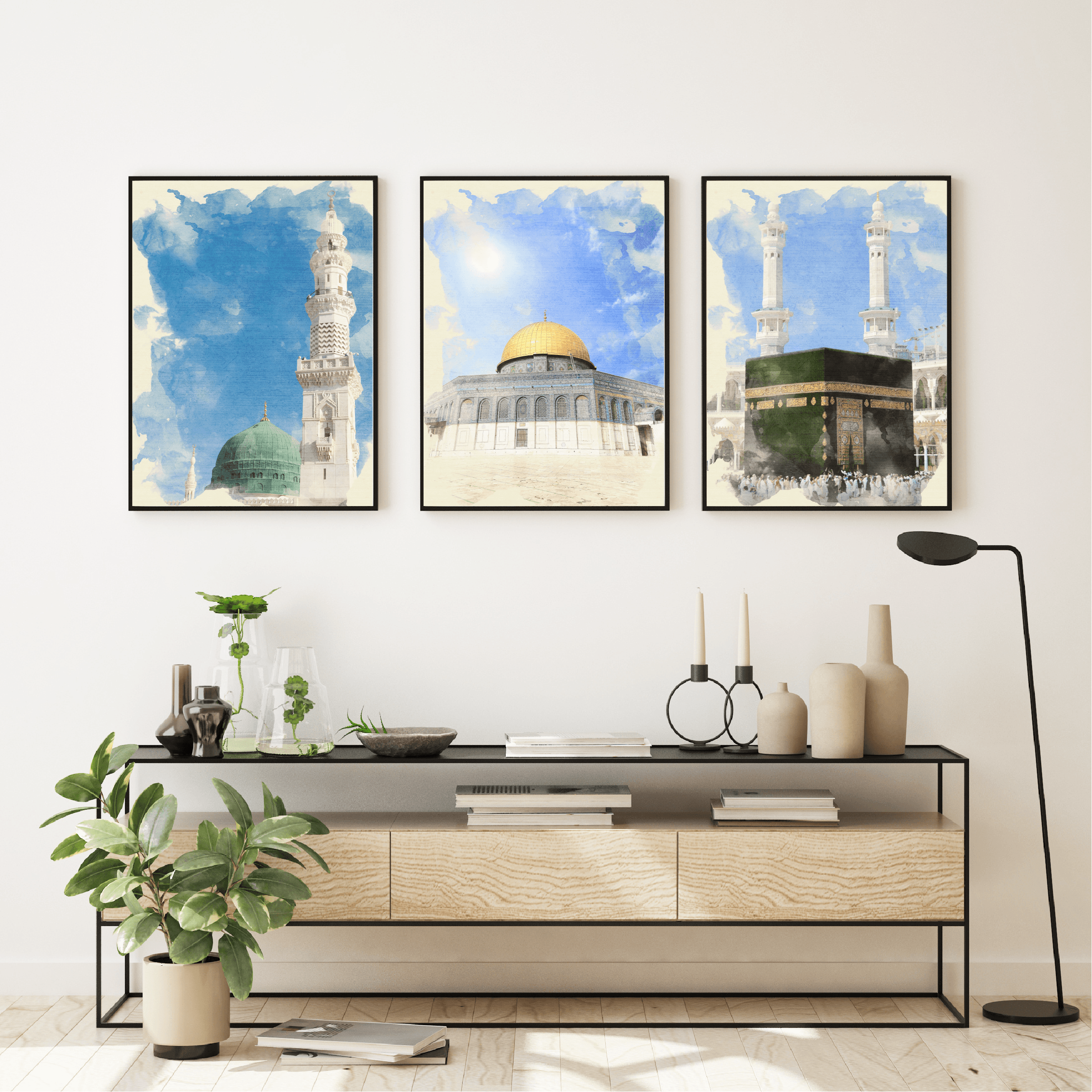 Set of 3 Masjid Nabawi, Masjid Al Aqsa, and the Kaaba Vintage Watercolor Effect Islamic Wall Art Prints - Peaceful Arts