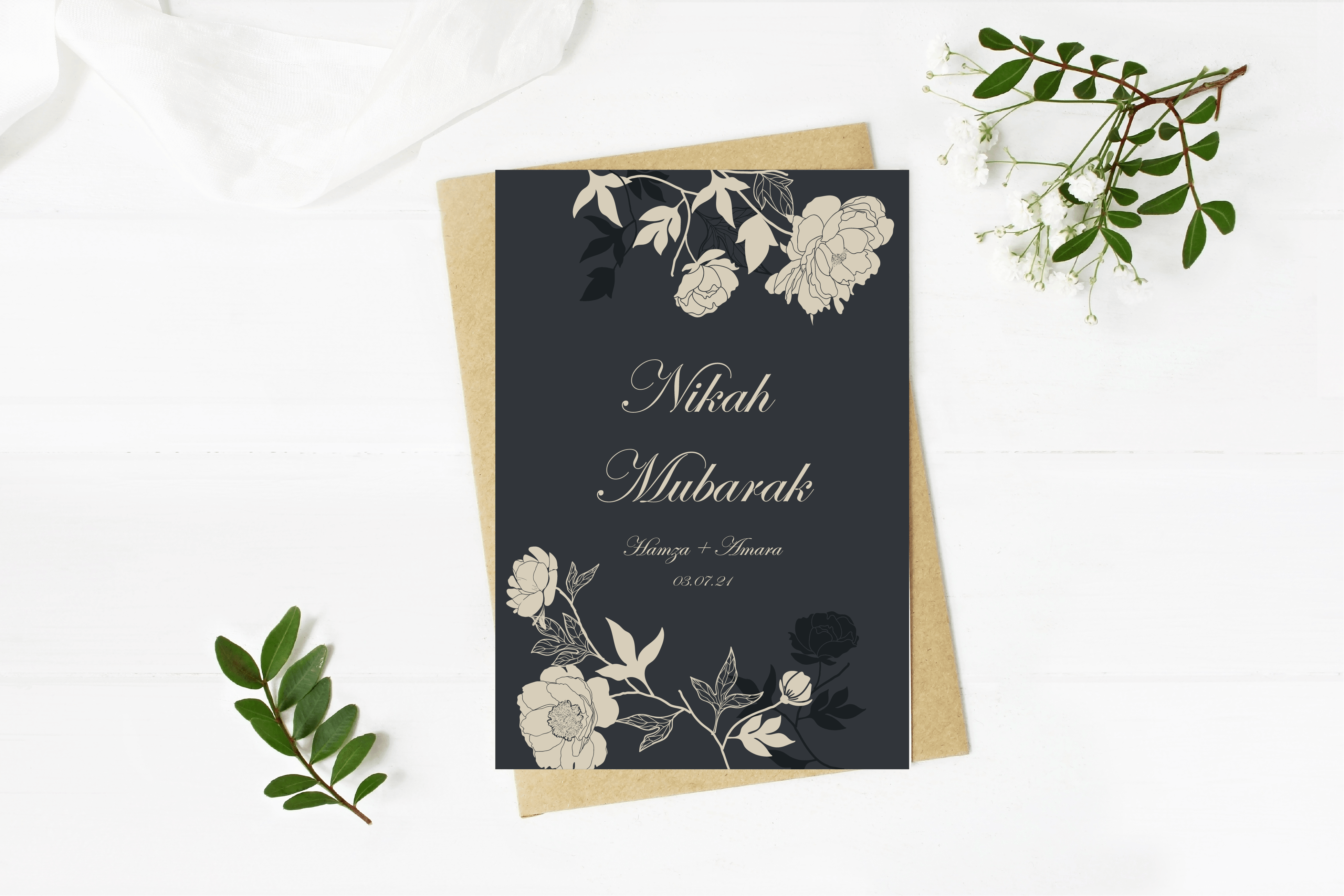 Nikah Mubarak black Floral Design with Personalised Names on front in A5 card - Peaceful Arts