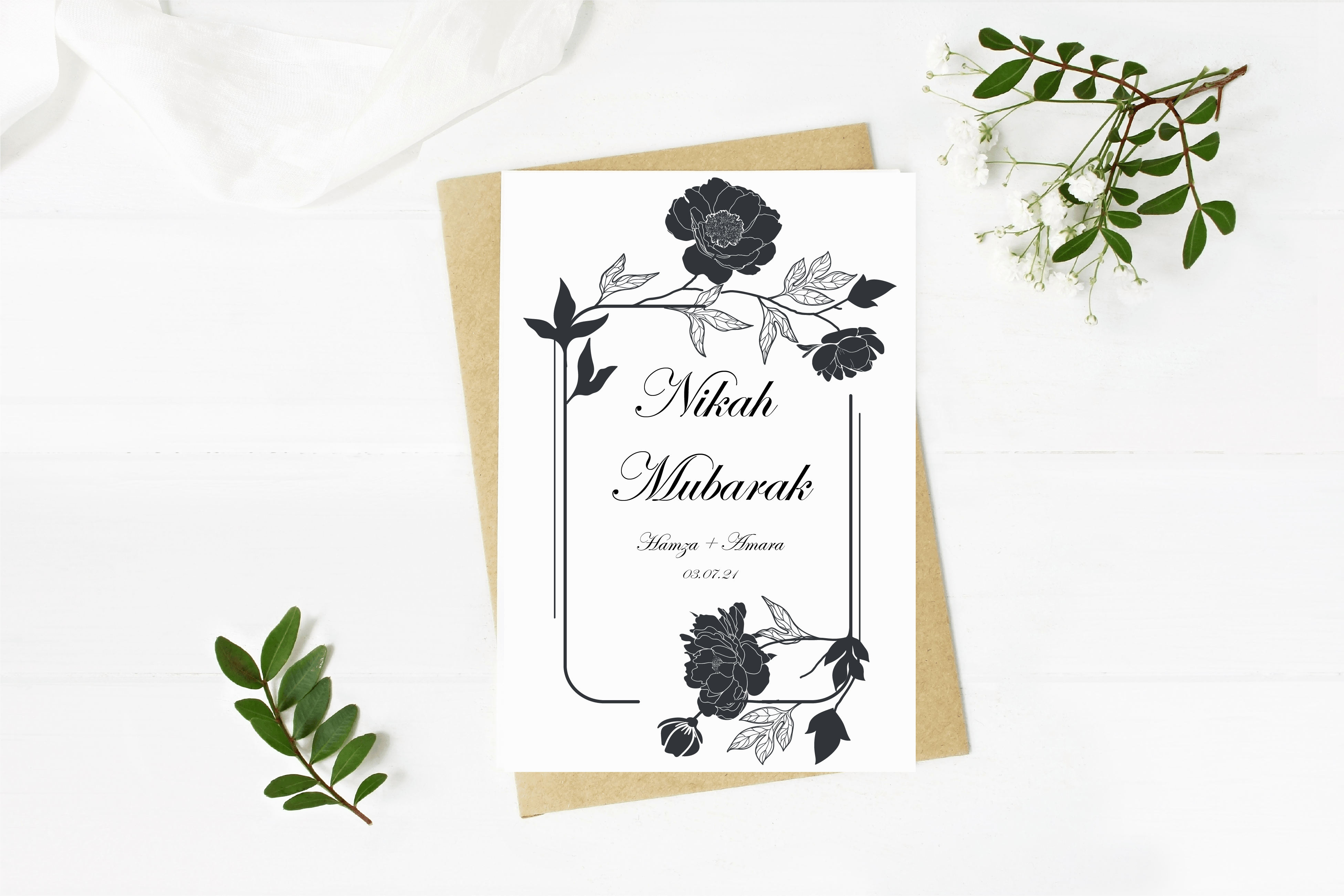 Nikah Mubarak white Floral Design with Personalised Names on front in A5 Card - Peaceful Arts